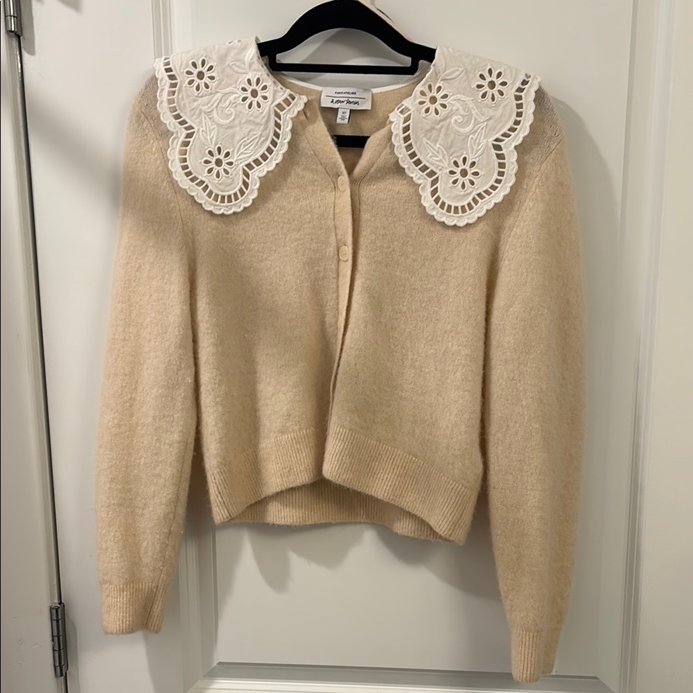 & Other Stories Small Cream Lace Collar Wool Blend Cardigan Sweater